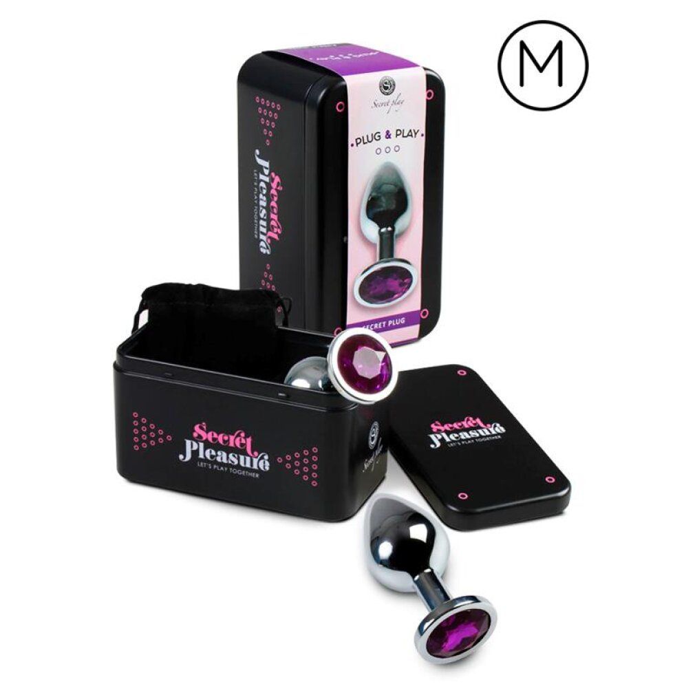 Analplug-Set in Metallbox: Ein Plug mit lila Kristall, ein weiterer Plug und eine Tasche.