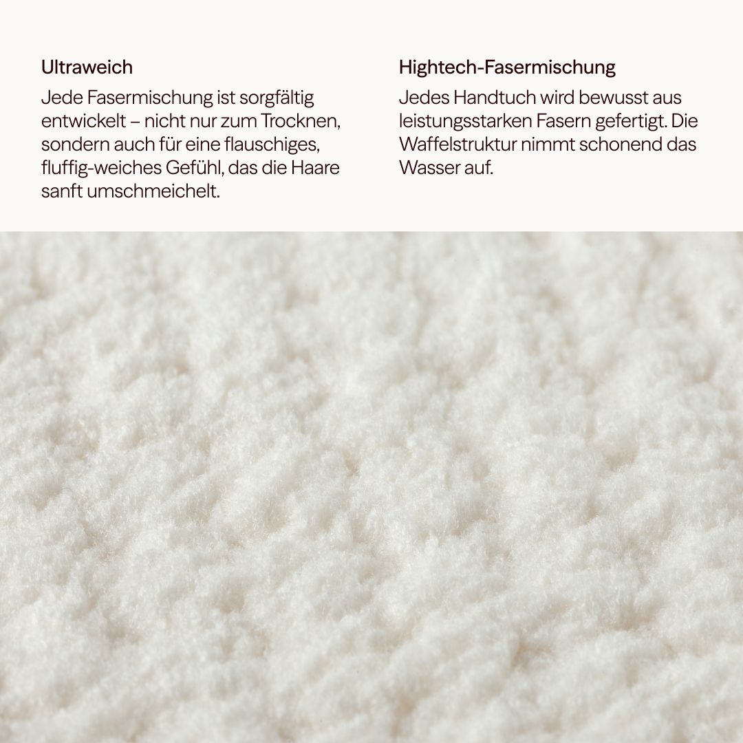 Weißes Mikrofasertuch mit Waffelstruktur. Text: Ultraweich, Hightech-Fasermischung.