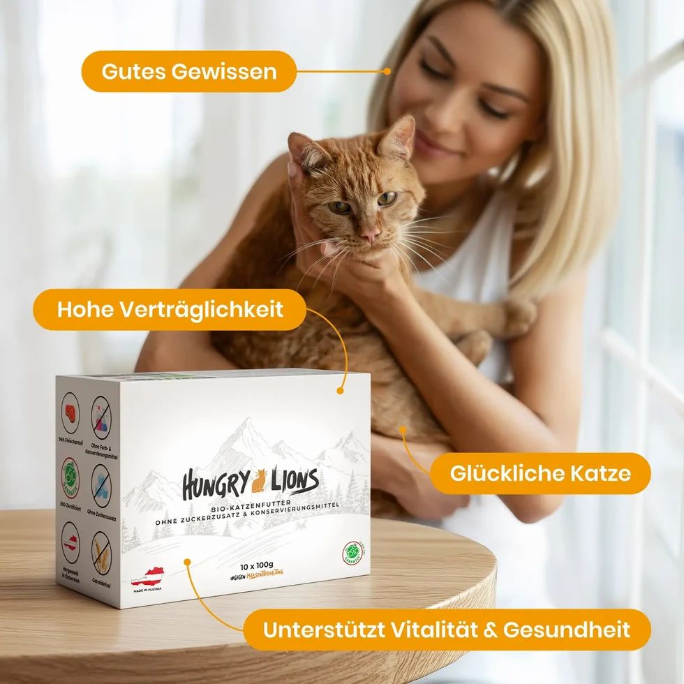 Frau hält eine Katze. Eine Schachtel mit Tierfutter steht auf einem Tisch. Text über Verträglichkeit und Vitalität.
