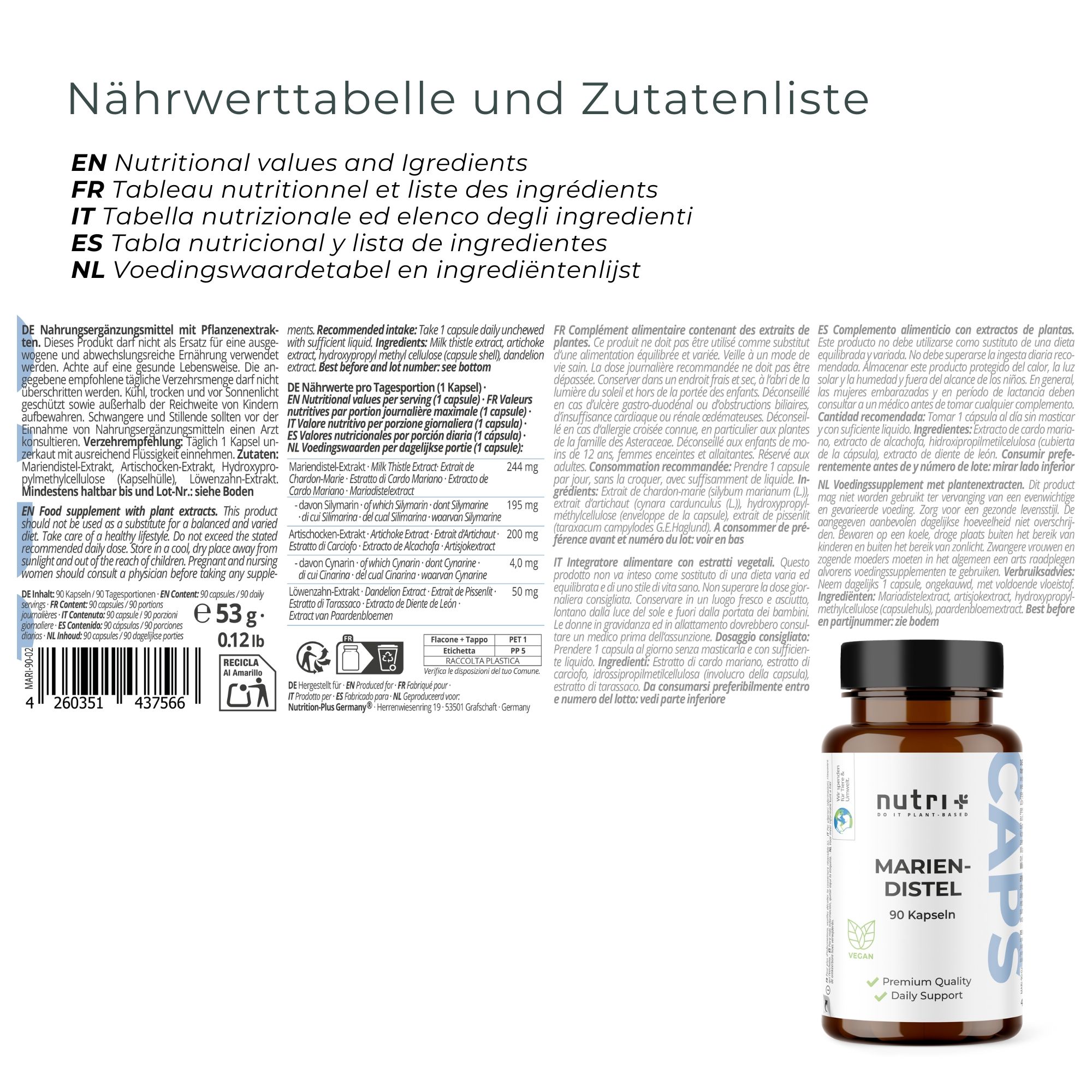 Text: Nährwerttabelle und Zutatenliste. Flasche mit Mariendistel Kapseln. Siegel: Vegan.