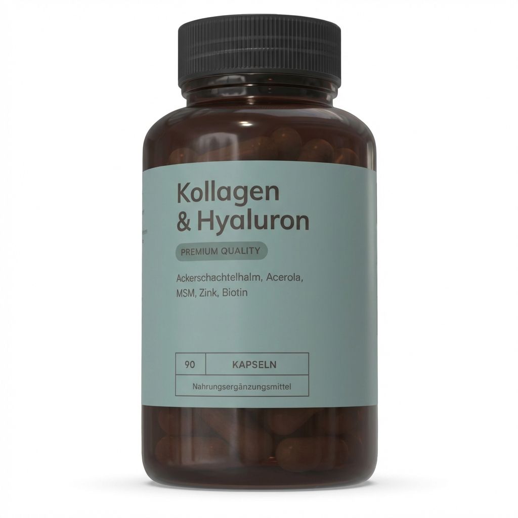 Braune Flasche mit Kapseln. Aufschrift: Kollagen & Hyaluron. Mit Zutatenliste und 90 Kapseln.