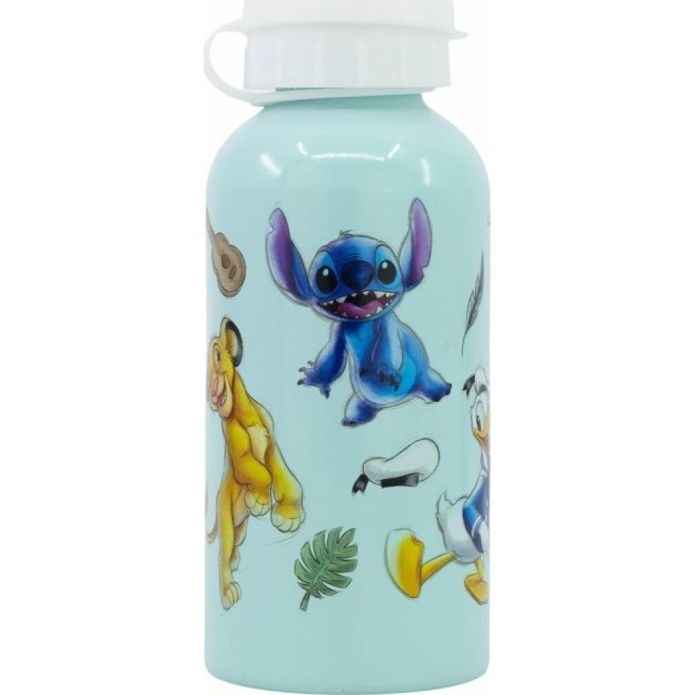 Hellblaue Trinkflasche mit Disney-Figuren: Stitch, Simba und Donald Duck. Weißer Deckel. Aluminium-Trinkflasche.