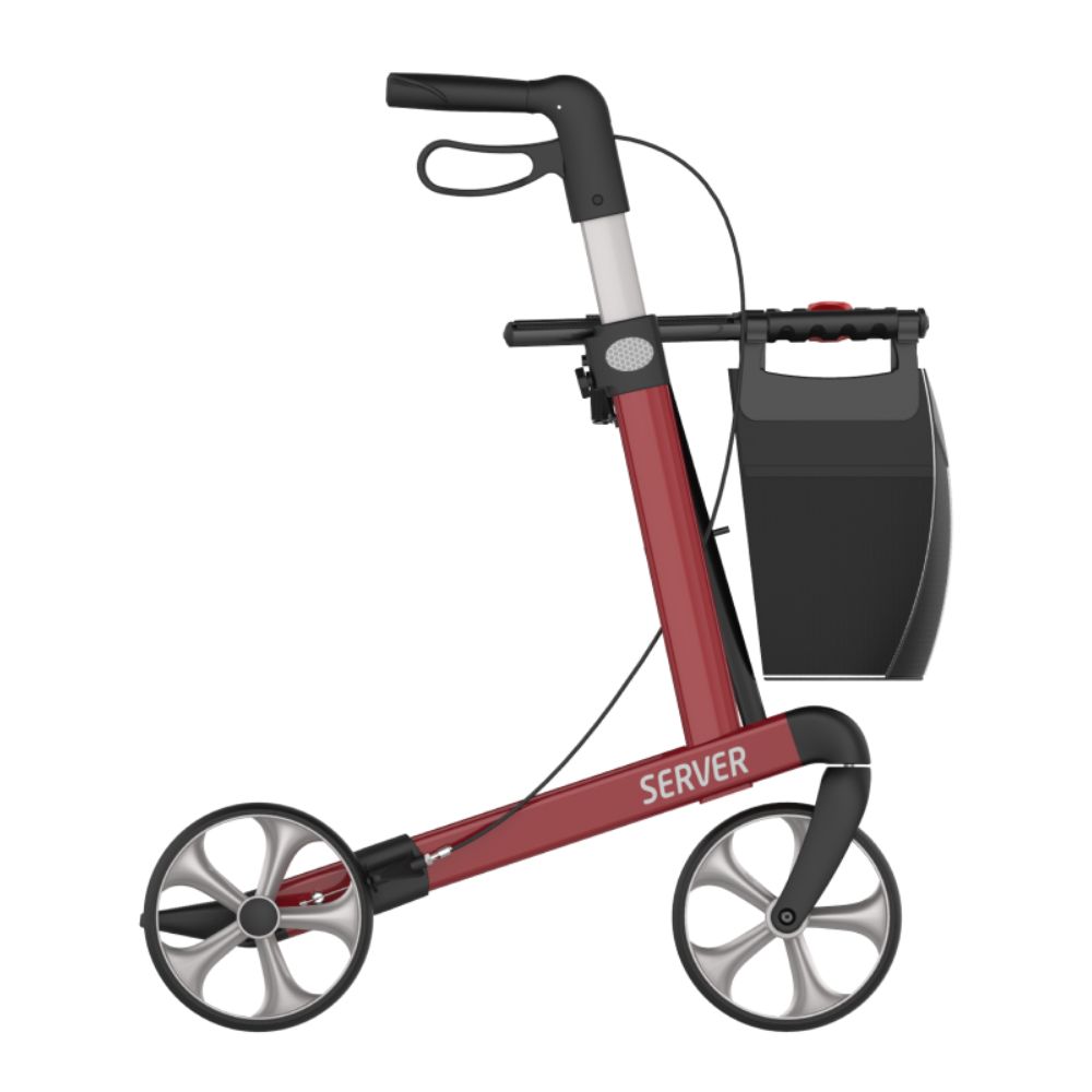 Weinroter Rollator, Seitenansicht. Vier Räder, schwarzer Korb und Griffe. Auf dem Rahmen steht "SERVER".