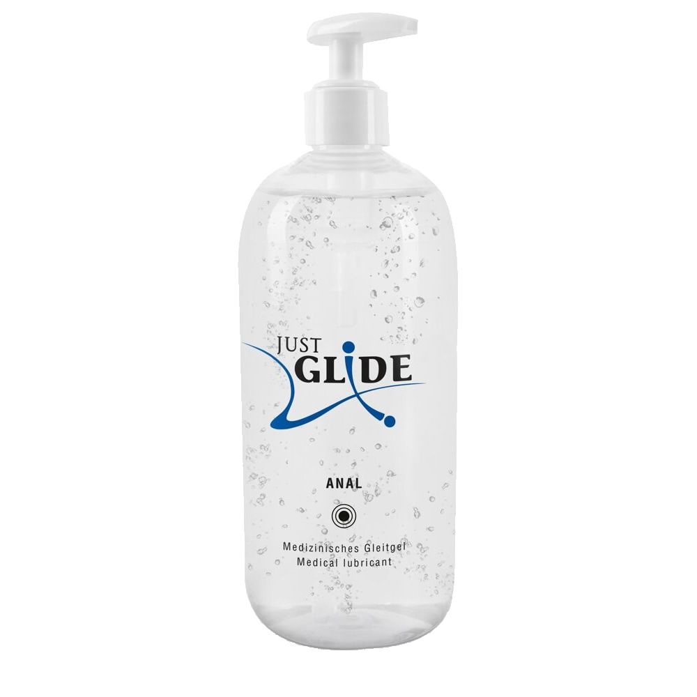 Transparente Flasche mit weißem Pumpverschluss. Aufschrift 'JUST GLIDE ANAL'. Produkt mit Flüssigkeit gefüllt.