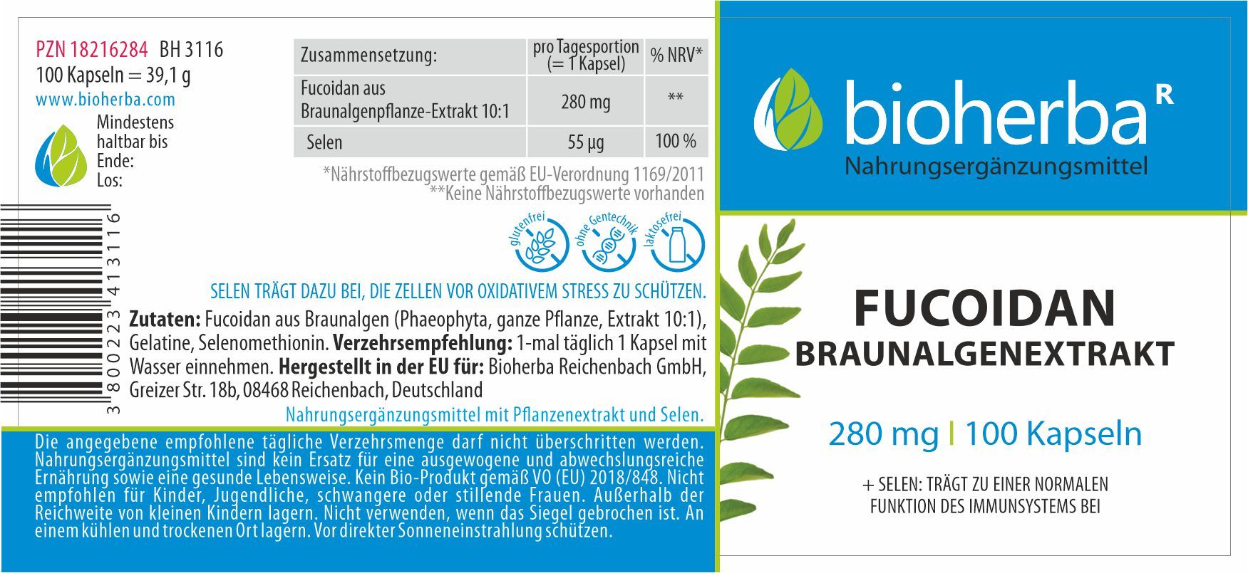 Etikett mit Produktinformationen. Aufschrift: Bioherba, Fucoidan Braunalgenextrakt, 280 mg, 100 Kapseln. Enthält Fucoidan und Selen.
