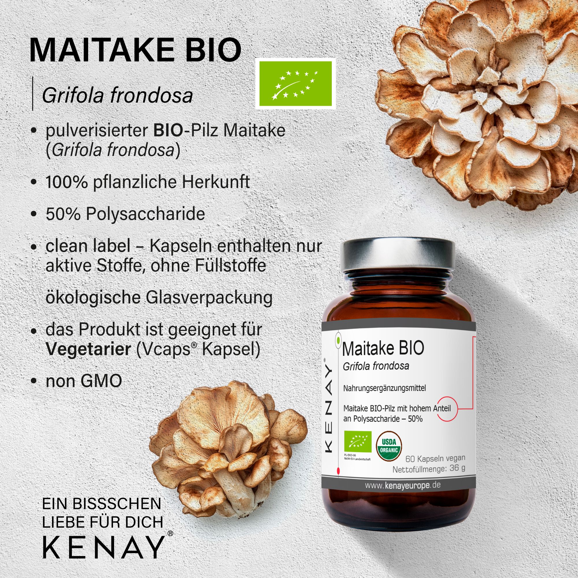 Braune Glasflasche mit weißem Etikett. Aufschrift: Maitake BIO, Grifola frondosa, KENAY. Mit Pilzabbildungen und Text.