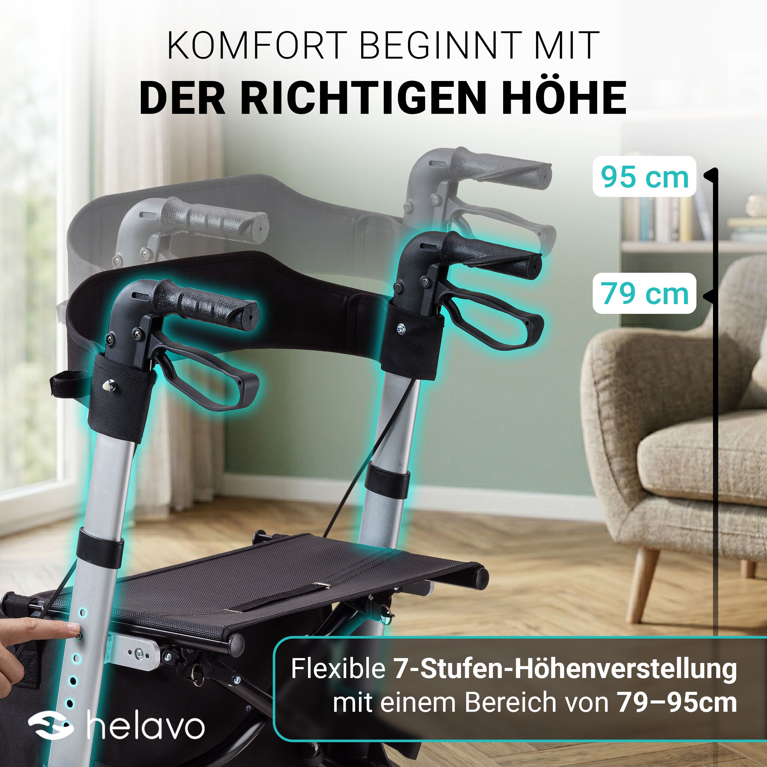 Höhenverstellung eines Rollators von 79 cm bis 95 cm in 7 Stufen.