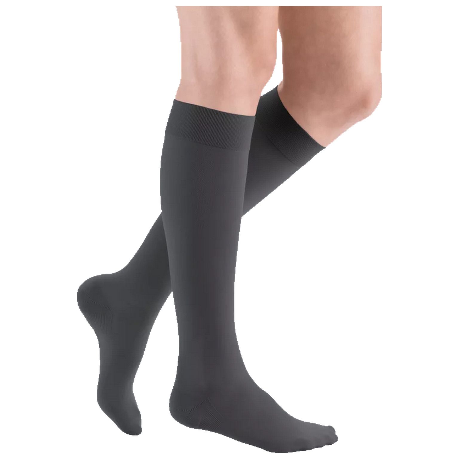 Kniestrümpfe, dunkelgrau, am Bein einer Person getragen. Blick von der Seite, auf weißem Hintergrund.