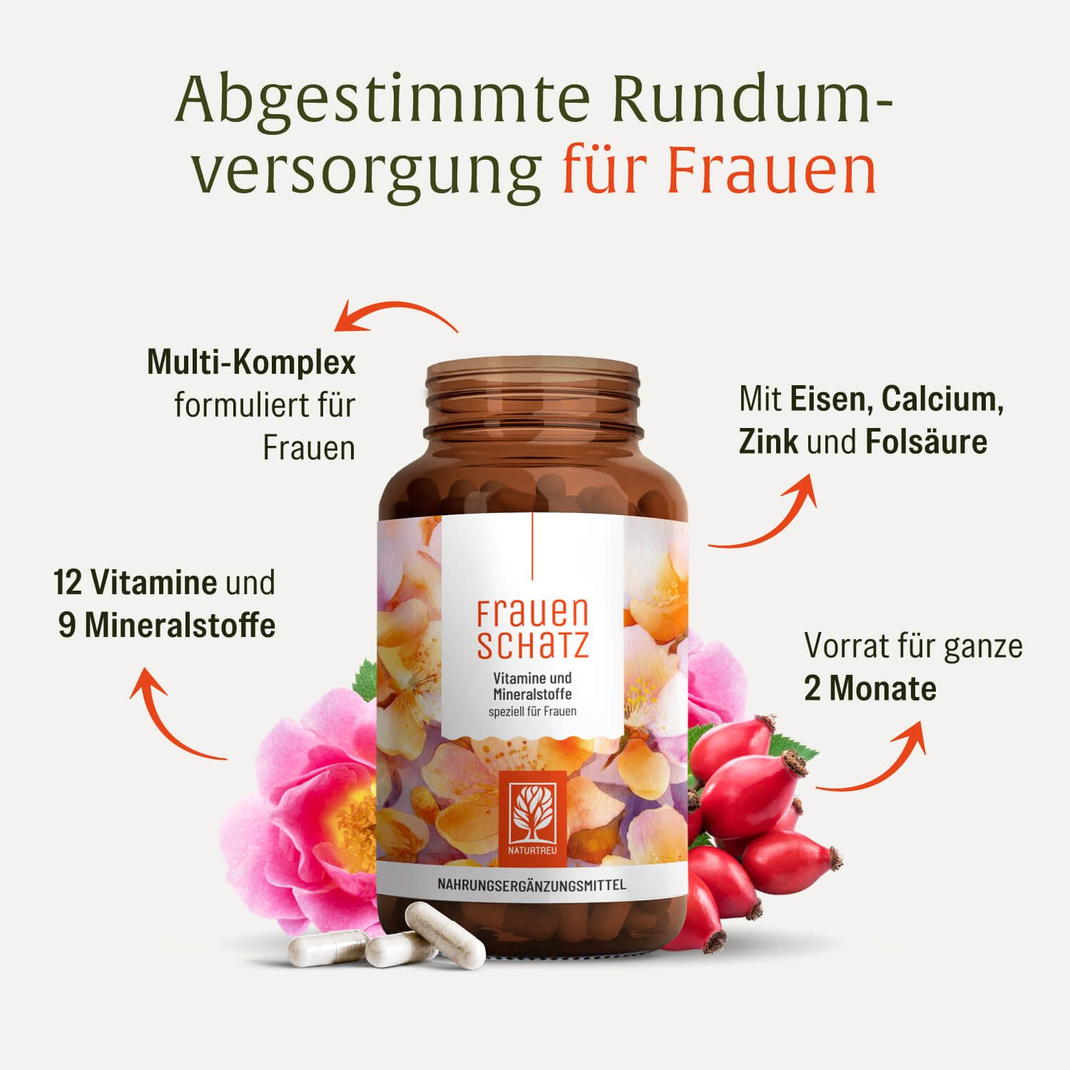 Braune Flasche "Frauenschatz" mit Vitaminen und Mineralstoffen. Enthält Eisen, Calcium, Zink und Folsäure. 12 Vitamine, 9 Mineralstoffe.