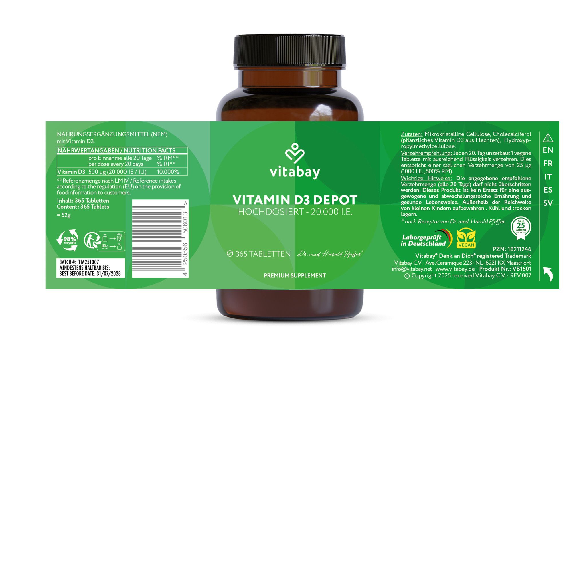 Braune Flasche mit grünem Etikett. Text auf dem Etikett. Marke: Vitabay.