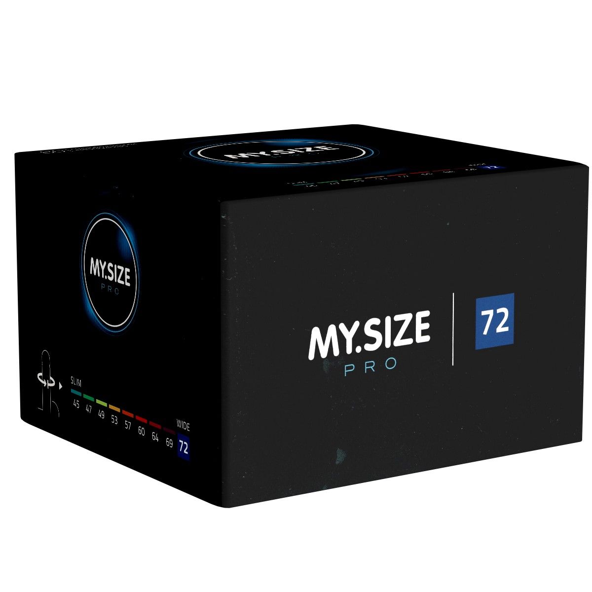 Schwarze Schachtel mit MY.SIZE PRO Logo und Größenangaben von 45 bis 72 mm. Größe 72.
