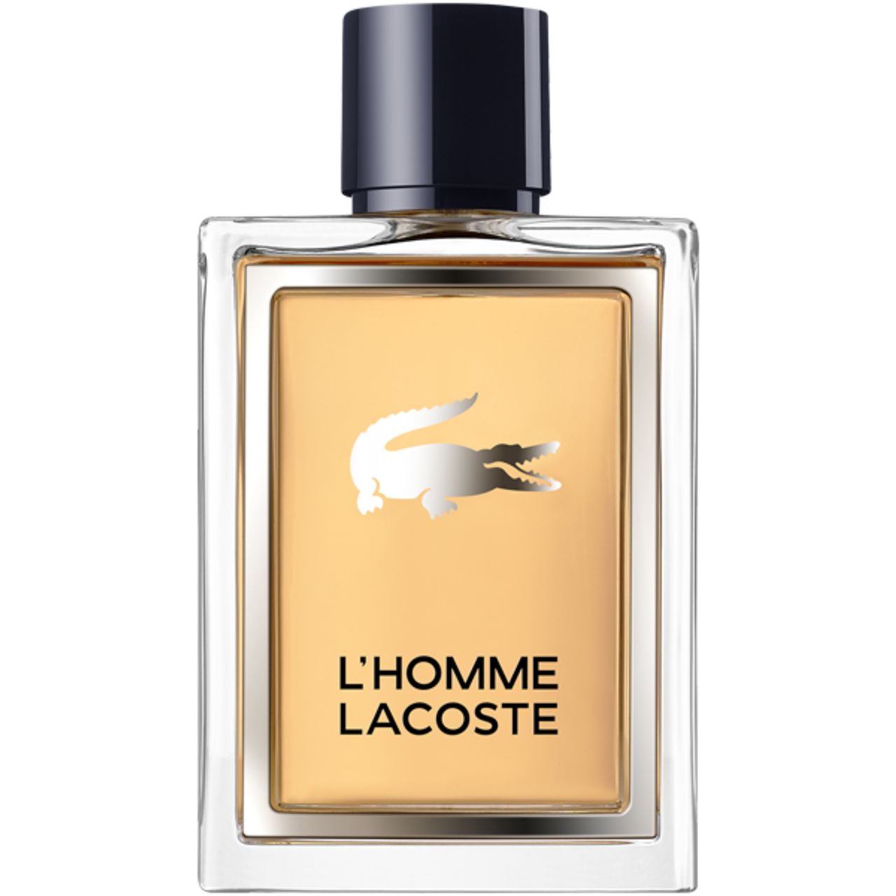 Rechteckiger Flakon von L'Homme Lacoste EdT. Silbernes Krokodil-Logo auf beigem Hintergrund. Schwarzer Verschluss. Produktbezeichnung unten.