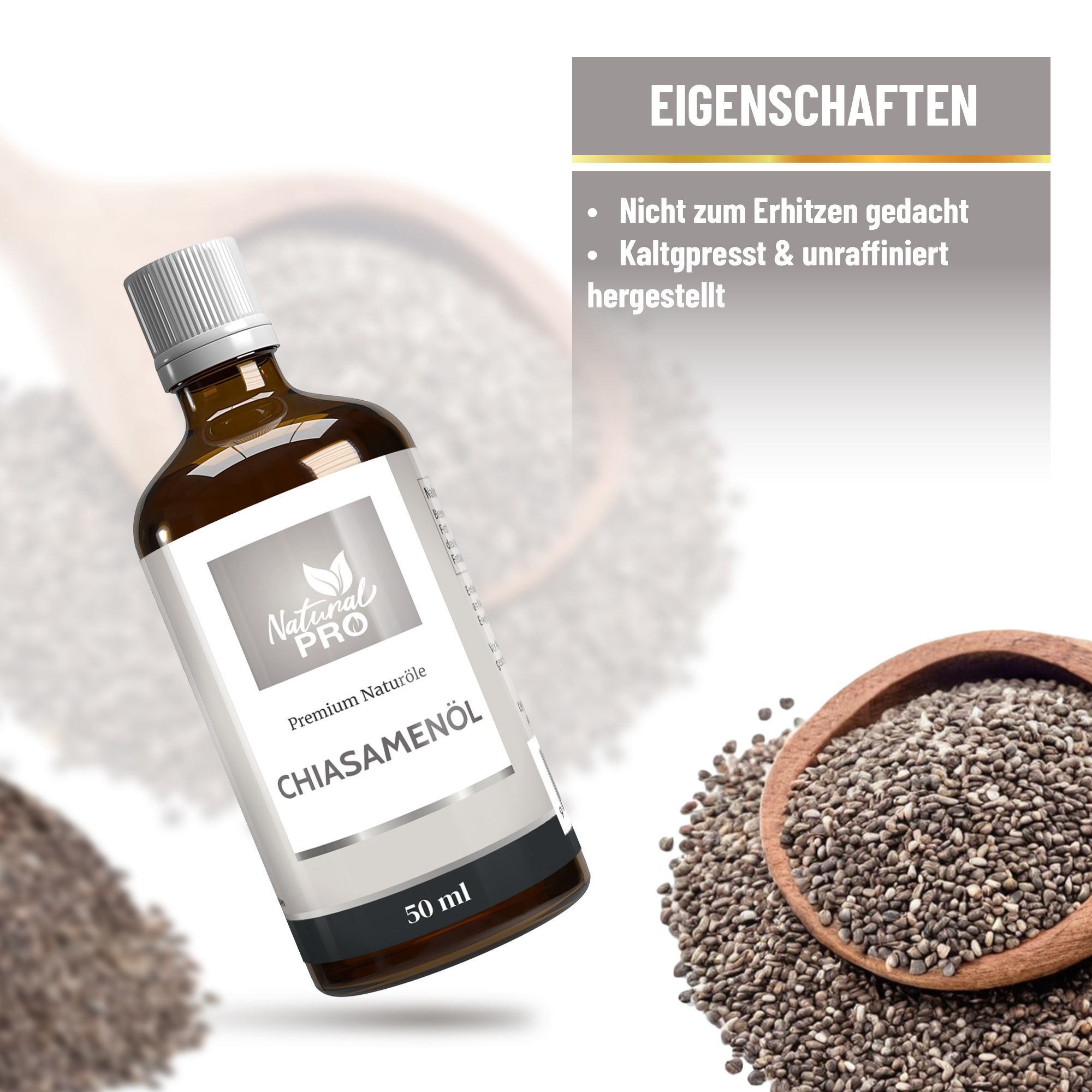 Chiasamenöl-Flasche neben Chiasamen und Holzlöffel. Eigenschaften: Nicht zum Erhitzen, kaltgepresst.
