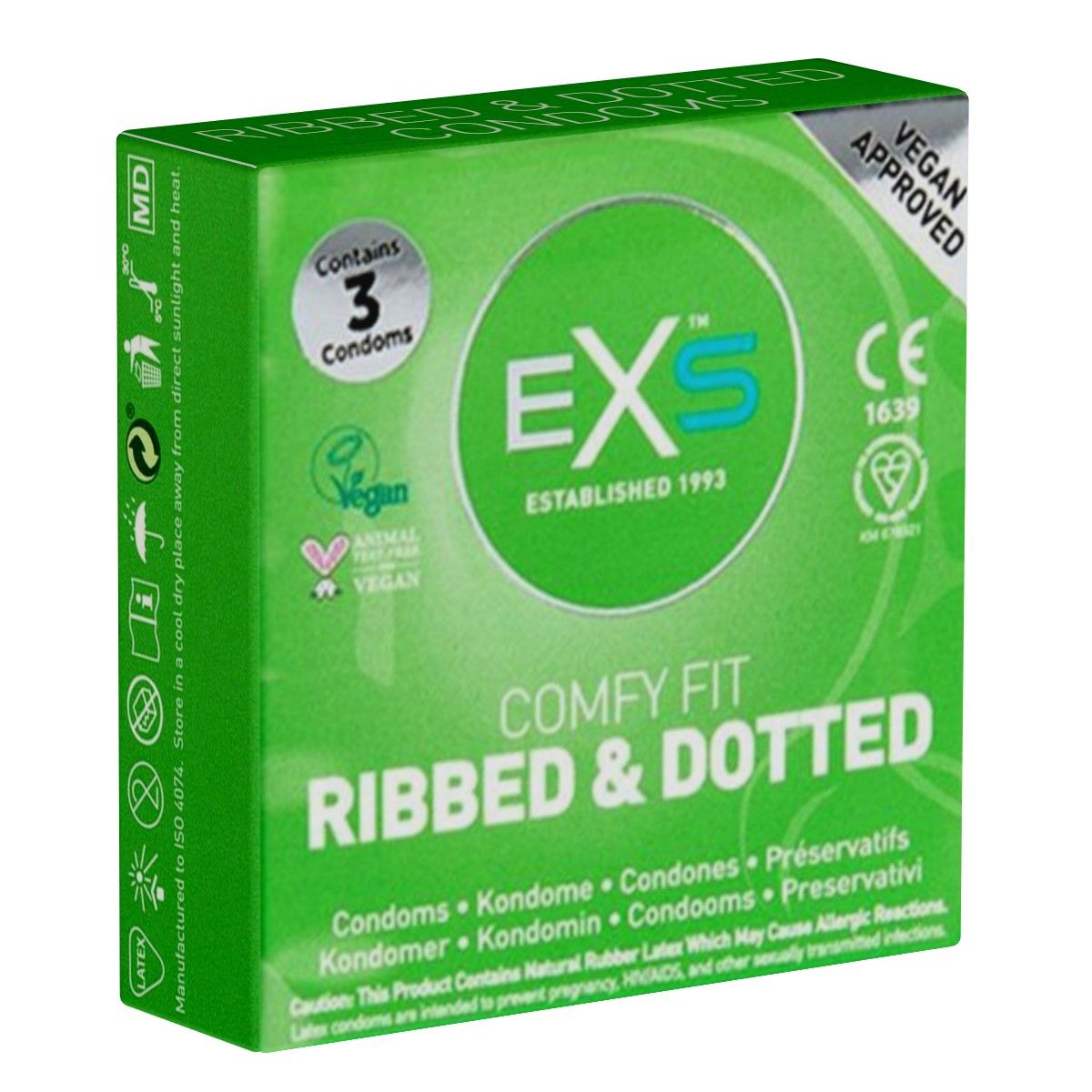 Grüne Schachtel mit Kondomen. Aufschrift: EXS, Ribbed & Dotted, 3 Kondome, Vegan Approved, CE-Kennzeichnung.