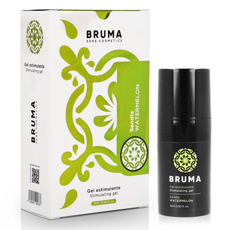 Produkt und Verpackung. Text: Bruma, Gel estimulante, Wassermelone, 15ml. Verpackung: Bruma Sens Cosmetics.