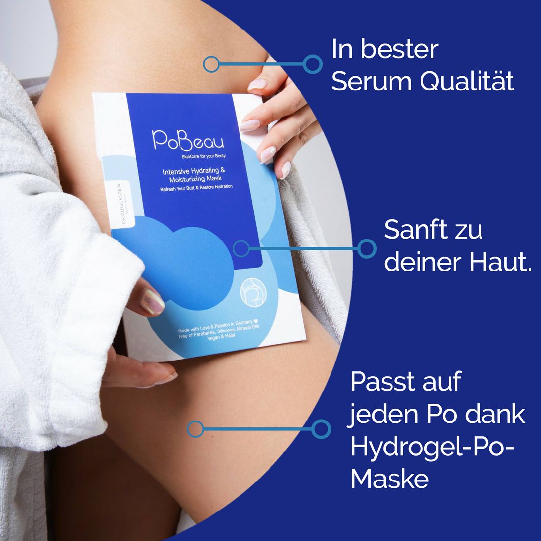 Pobeau-Gesichtsmaske in der Hand einer Person. Text: In bester Serum Qualität, Sanft zu deiner Haut, Passt auf jeden Po dank Hydrogel-Po-Maske.