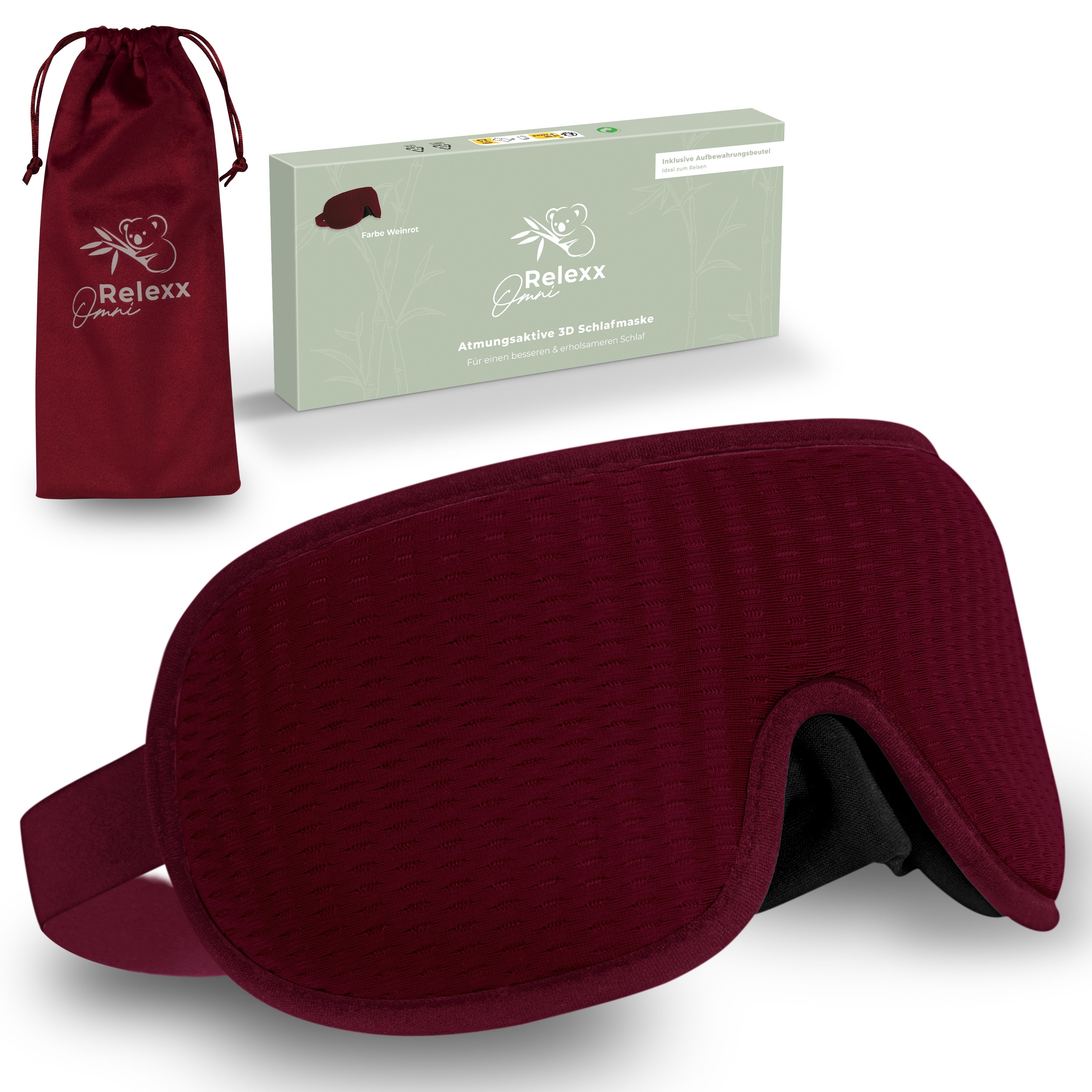 Weinrote Schlafmaske, Verpackung und Aufbewahrungsbeutel. Produktname: OmniRelexx.