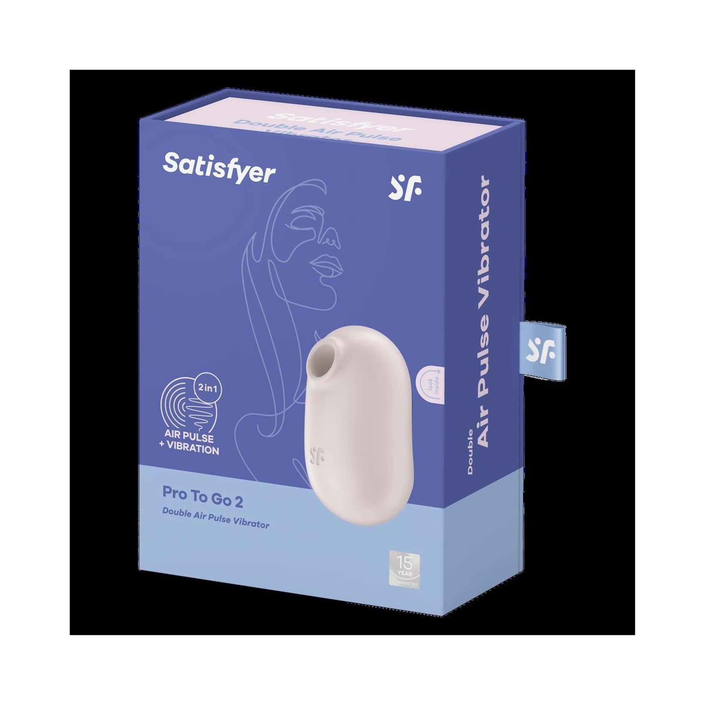 Verpackung von Satisfyer Pro To Go 2. Blau und weiß. Produktabbildung. Text: Air Pulse Vibrator.