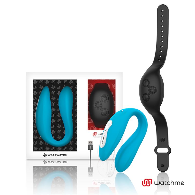 Wearwatch Dual-Technologie Watchme Vibrator-Set mit blauem Silikon-Vibrator, schwarzem Armband-Controller und Ladekabel.