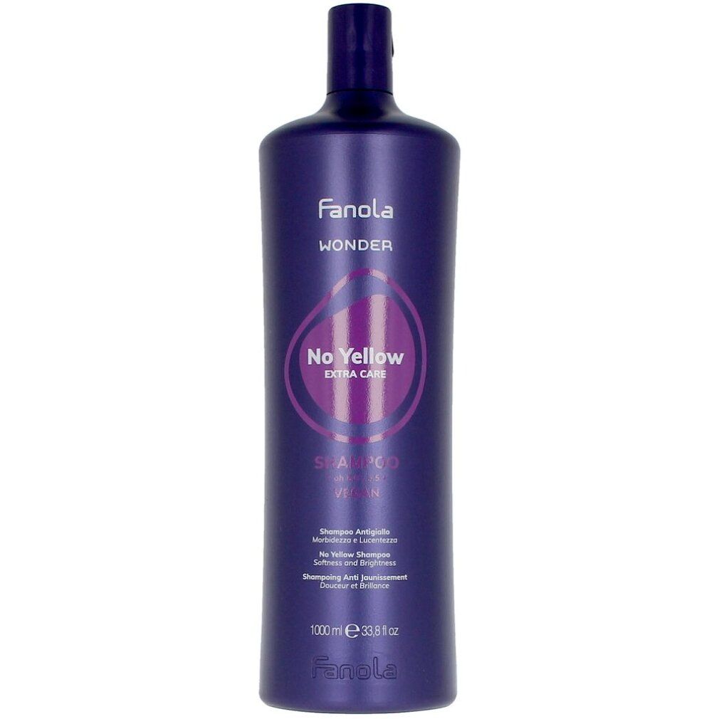 Violette Shampoo-Flasche. Aufschrift: Fanola No Yellow Extra Care. Text: Shampoo Antigiallo, Softness and Brightness.