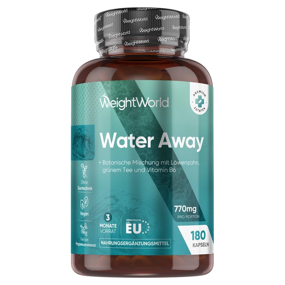 Water Away Kapseln in einer braunen Flasche. 180 Kapseln. 3 Monate Vorrat. EU-Ergänzungsmittel.