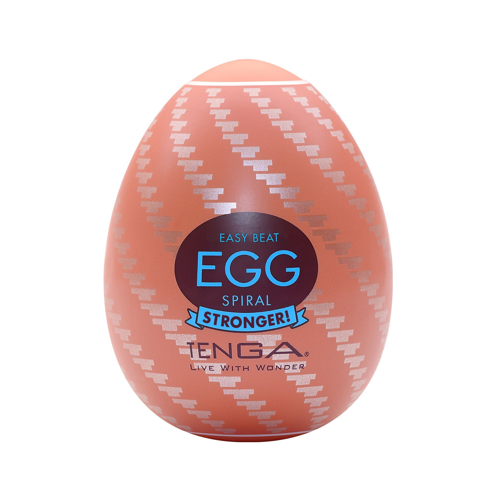 Ei-förmiges Produkt mit Spiralmuster und Schriftzug "EGG SPIRAL STRONGER!". Marke TENGA.