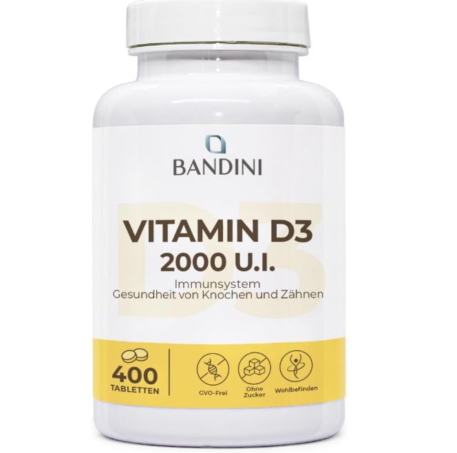 Bandini Vitamin D3 2000 I.E. Tabletten, 400 Stück, mit Frau.
