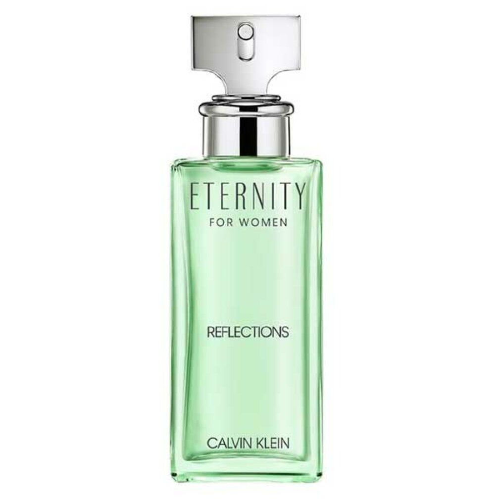 Grünes Parfümflakon mit silbernem Verschluss. Aufschrift: Eternity Reflections, Calvin Klein.