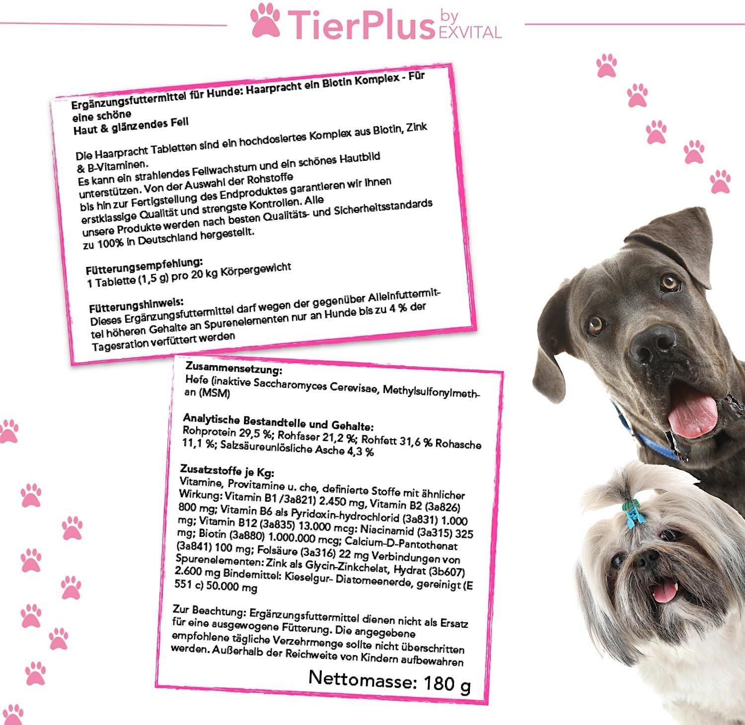 Hunde mit Fellproblemen, daneben ein Text über das Produkt TierPlus Haarpracht.