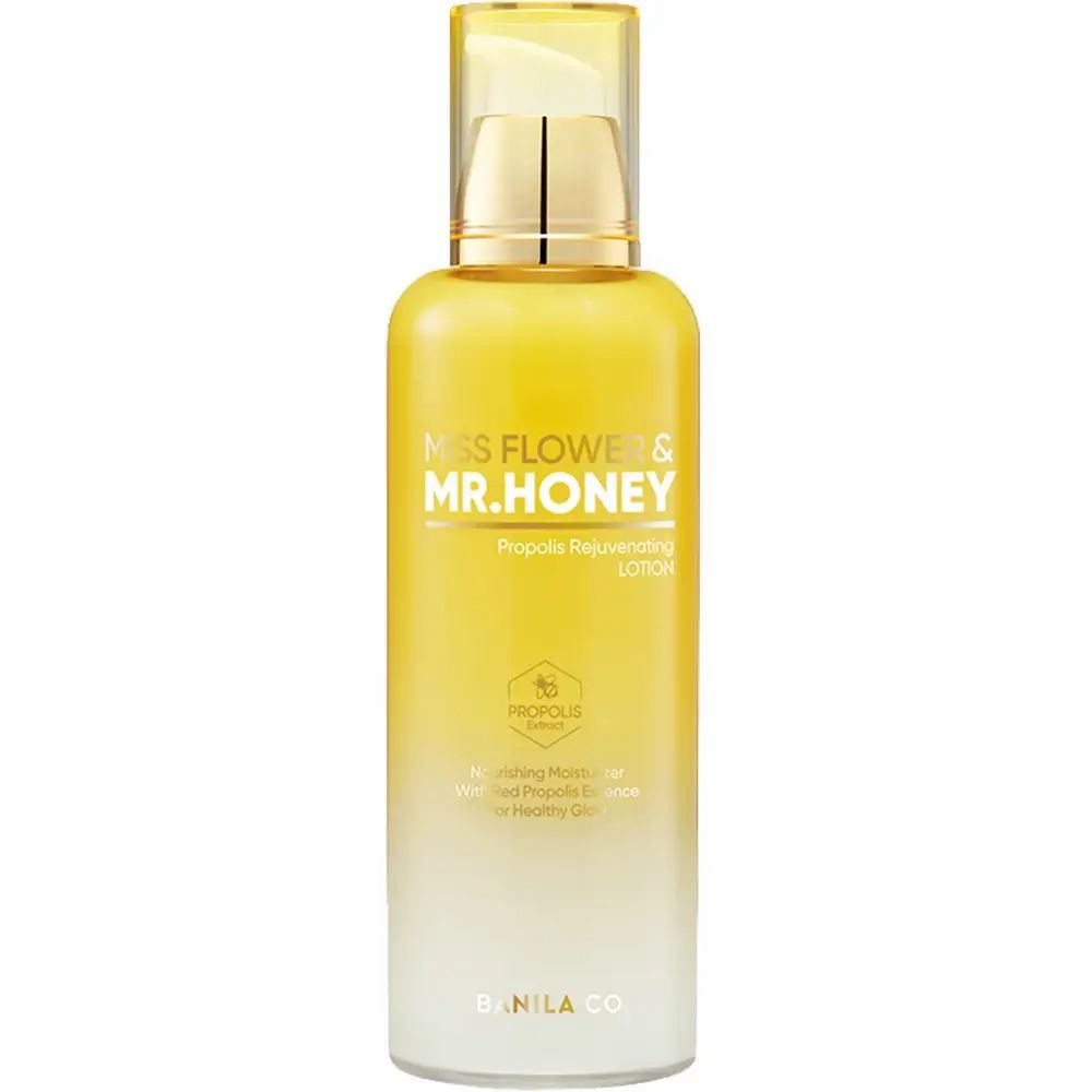 Gelbe Lotionflasche mit goldenem Pumpspender. Beschriftung: Miss Flower & Mr. Honey, Propolis Rejuvenating Lotion, Banila Co.