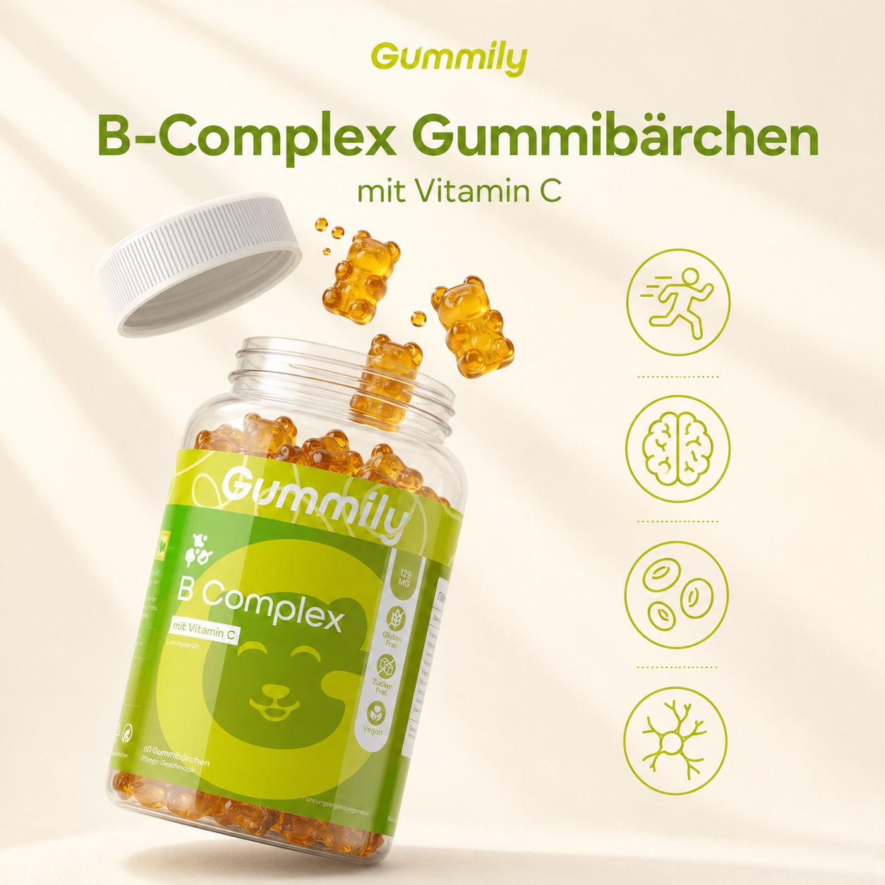 Gummily B-Complex Gummibärchen mit Vitamin C, einige aus dem Glas fallend.