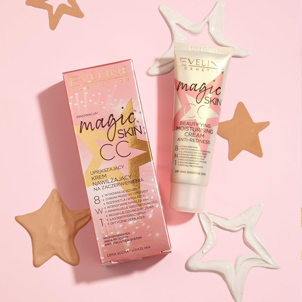 Produktverpackung und Tube 'magic skin CC' neben Stern-Dekoration. Rosa und goldfarbene Elemente.