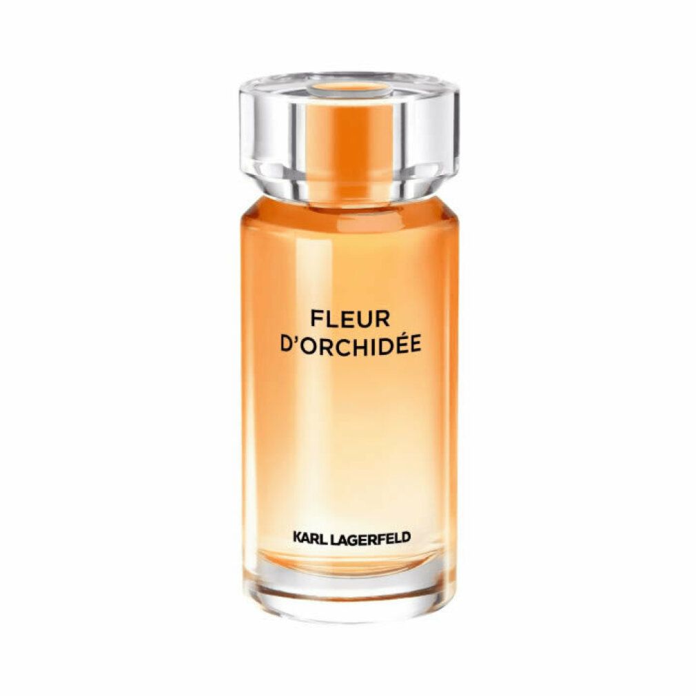 Fleur d'Orchidée Eau de Parfum Spray Flakon. Aufschrift: Karl Lagerfeld, Fleur d'Orchidée. Transparenter Flakon mit silbernem Verschluss.