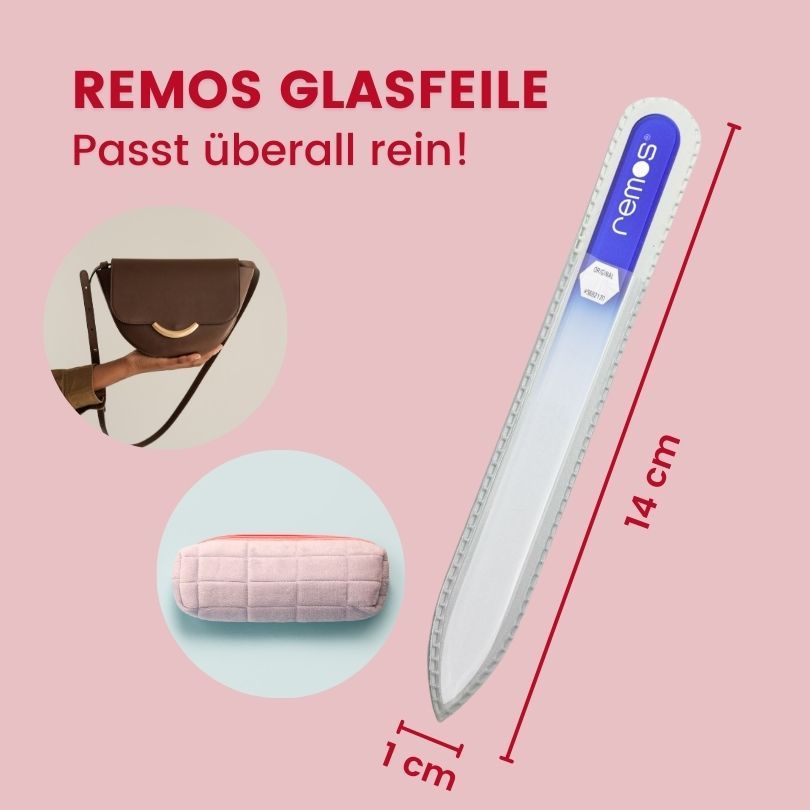 Glasnagelfeile mit blauen Griff. Abmessungen: 14 cm lang, 1 cm breit. Text: 14 cm.