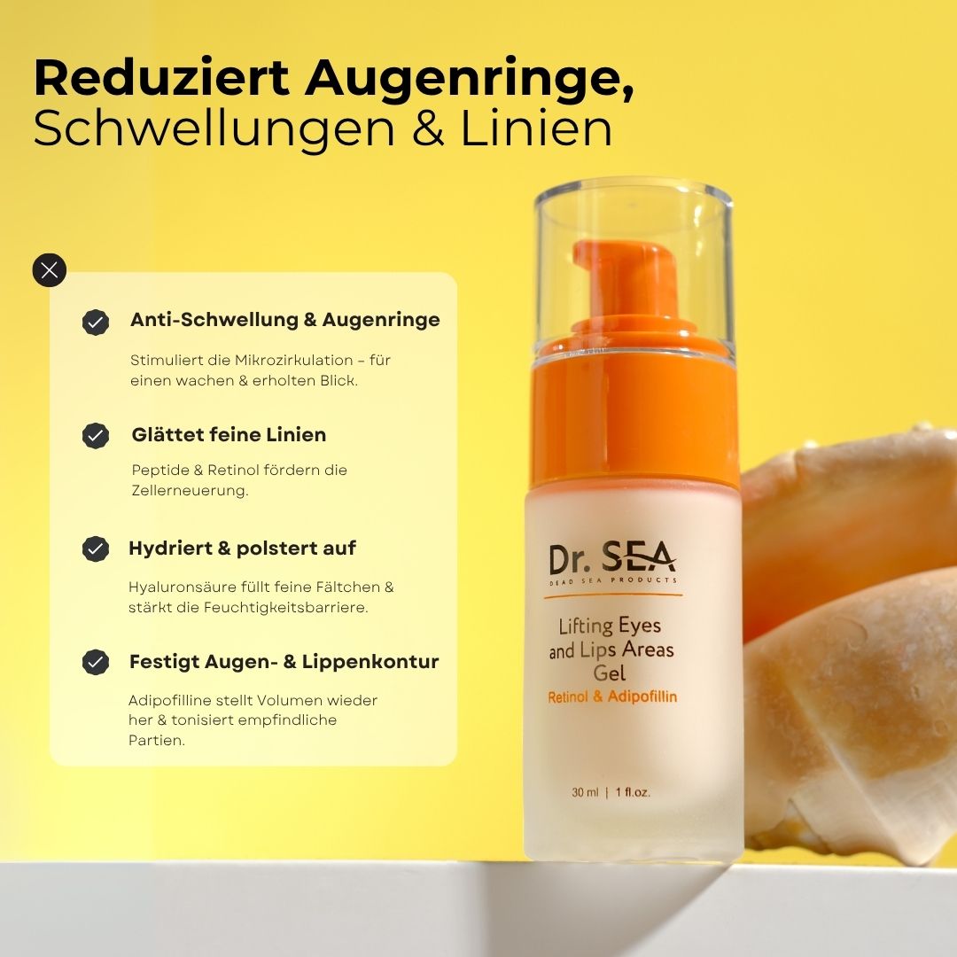 Gel-Flasche mit orangefarbenem Pumpkopf. Text: Dr. SEA, Lifting Eyes and Lips Areas Gel. Gel reduziert Augenringe, Schwellungen & Linien.