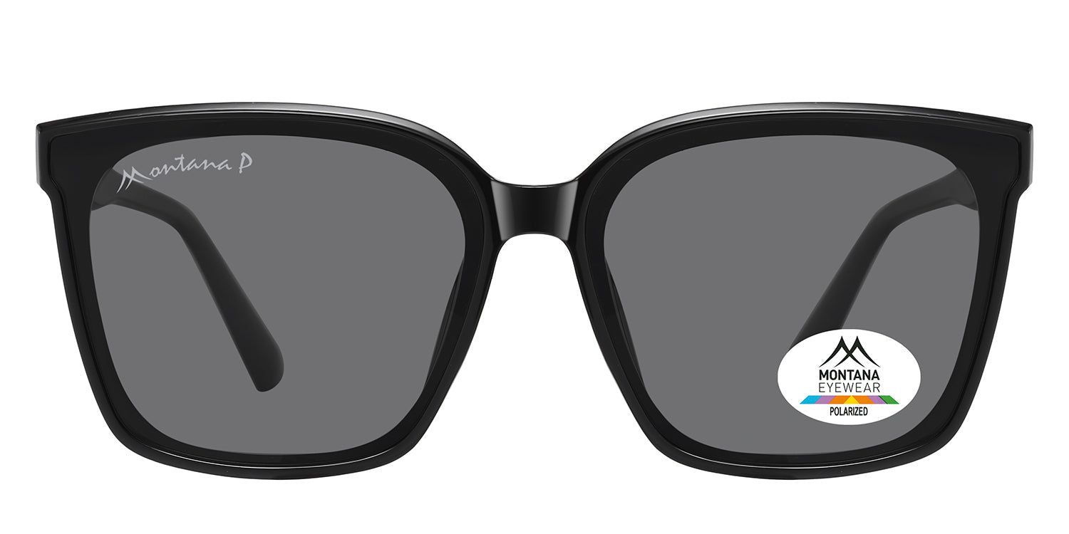 Schwarze Sonnenbrille mit grauen Gläsern. Montana Eyewear Logo auf dem Glas und Bügel. Polarisiert.