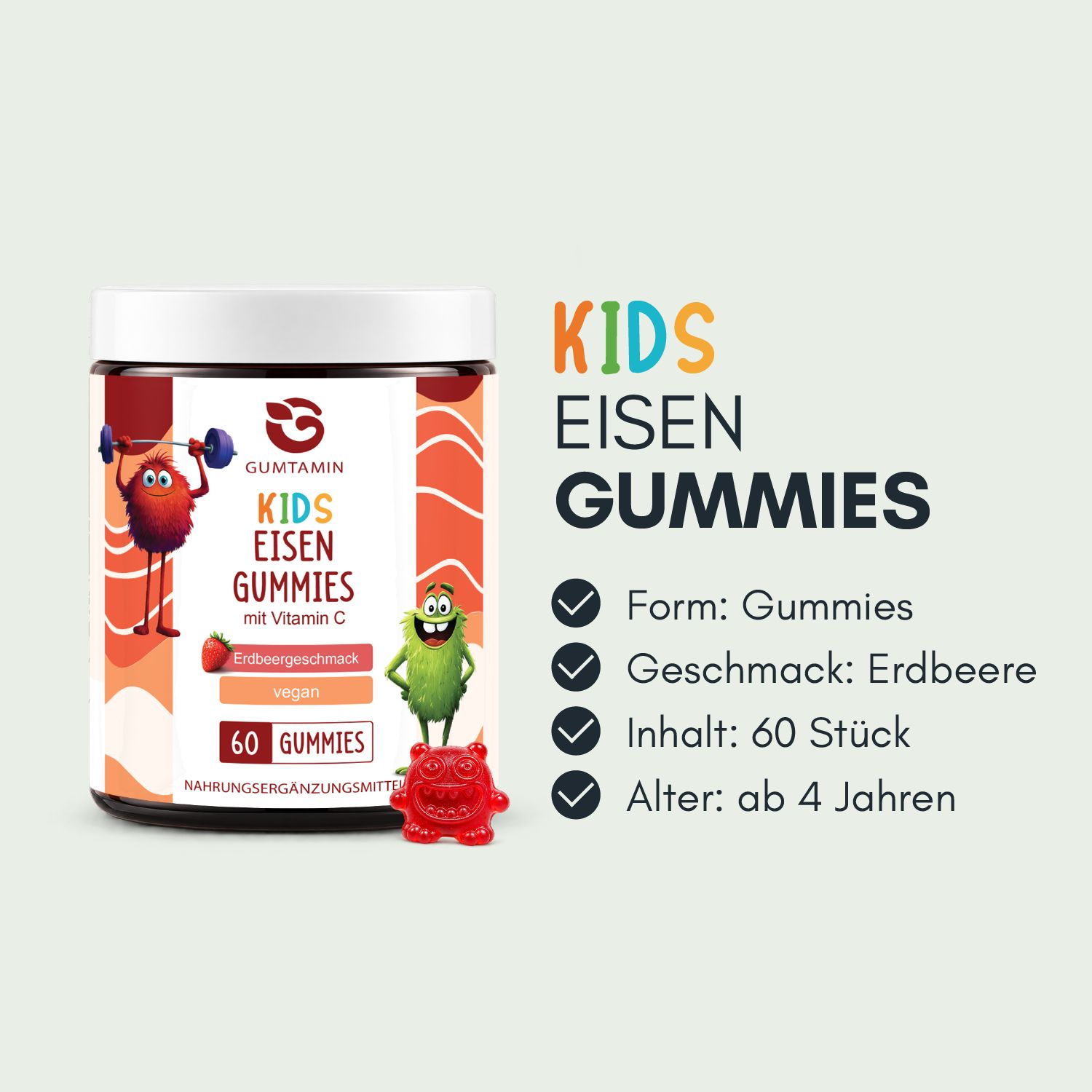 GUMTAMIN Kids Eisen Gummies mit Vitamin C, Erdbeergeschmack, 60 Stück in Dose.