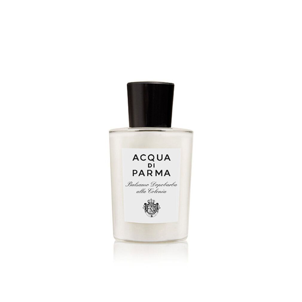 Flakon mit schwarzem Deckel. Aufschrift: Acqua Di Parma, Balsamo Dopobarba alla Colonia. Weißes Etikett.