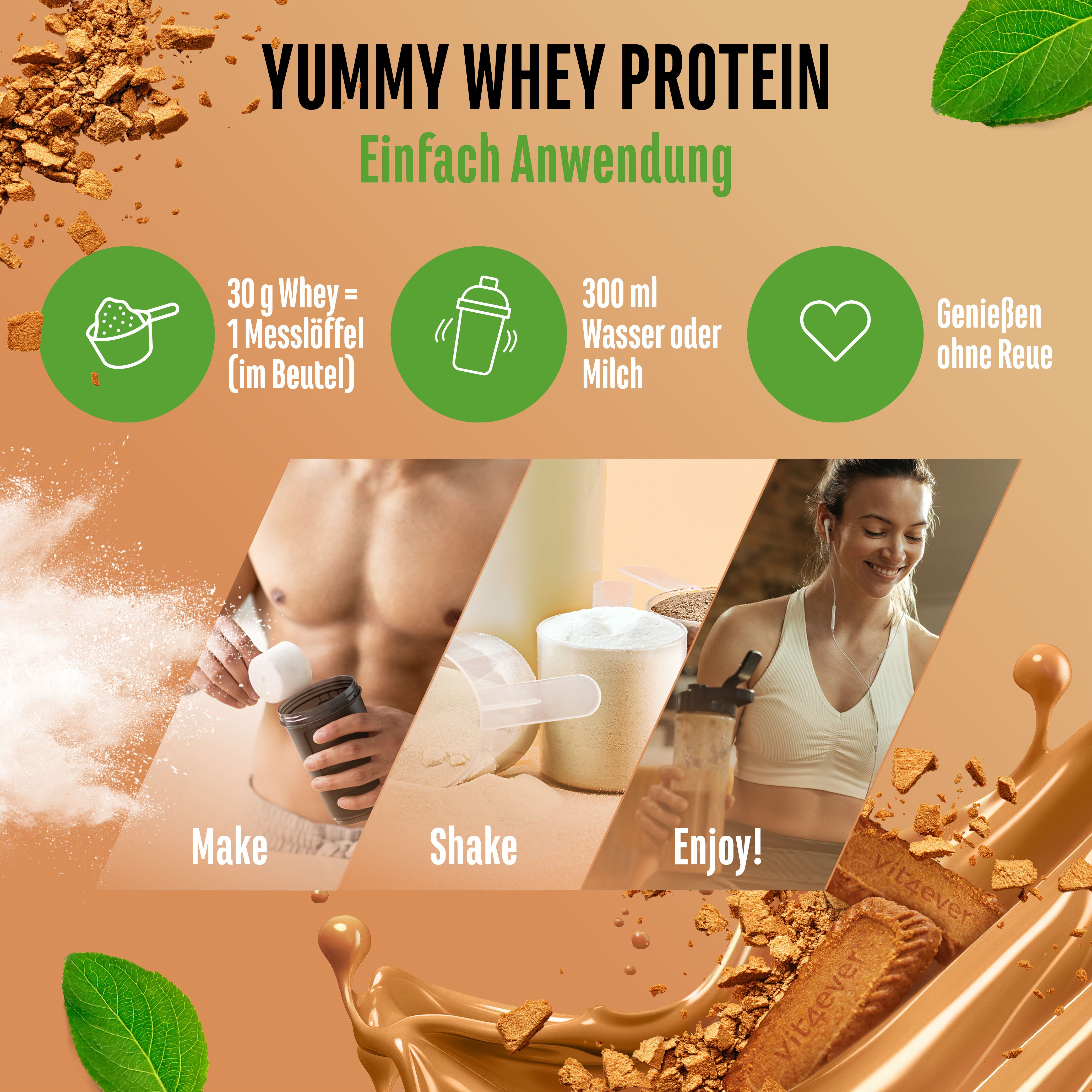 Anwendungsbeispiel von Yummy Whey Protein. Zeigt die Zubereitung mit Wasser oder Milch, mit einem Messlöffel.