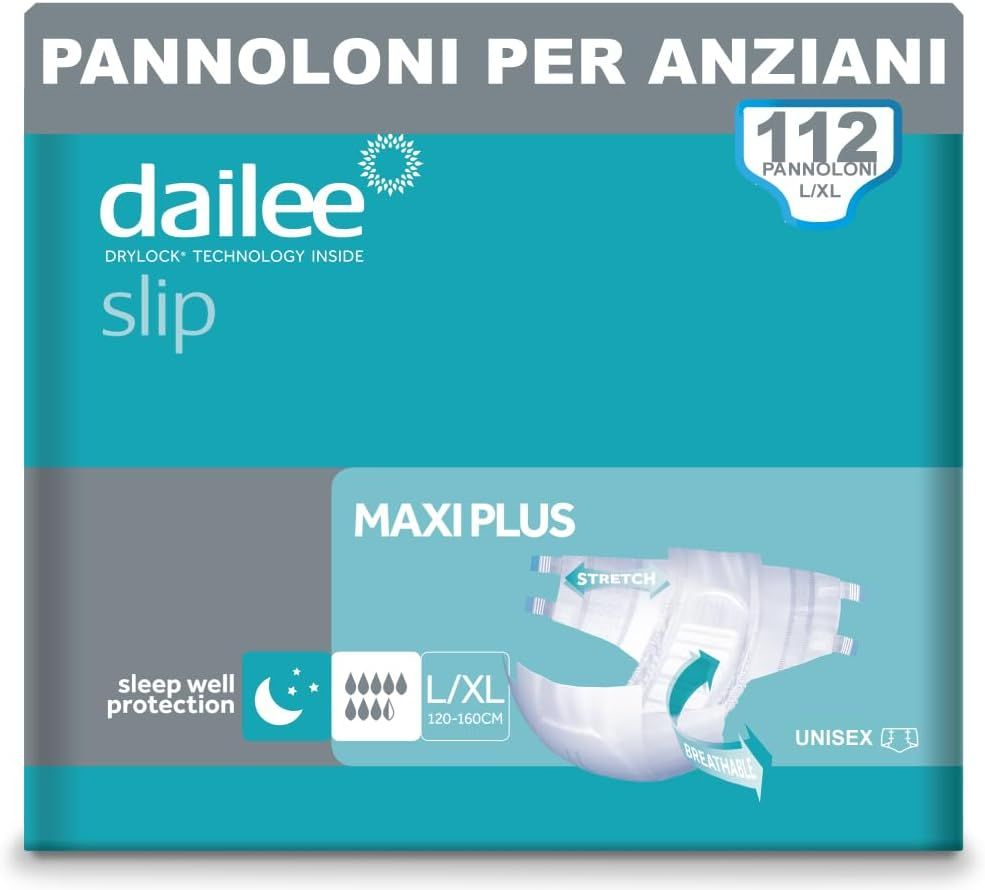 Verpackung Dailee Slip Maxi Plus. L/XL, Unisex. 112 Stück. Produktabbildung.