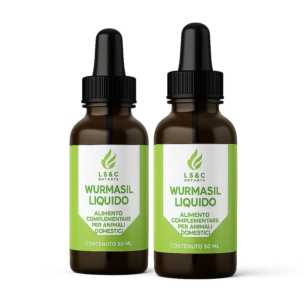 Zwei braune Flaschen mit schwarzen Pipetten. Auf den Etiketten steht "Wurmasil Liquido" und "Alimento complementare per animali domestici".