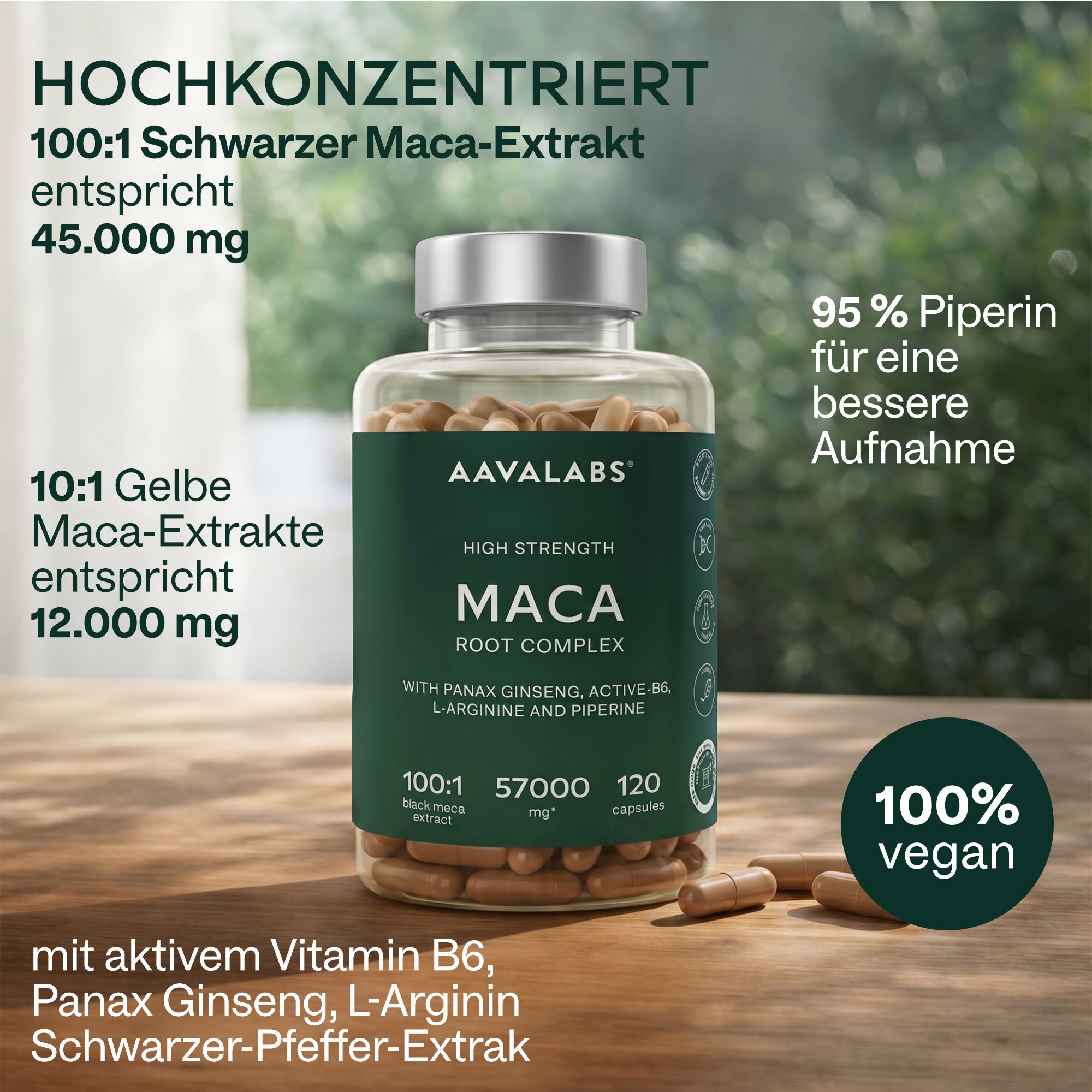 Flasche Aavalabs Maca Kapseln mit Hervorhebung von Inhaltsstoffen und Vorteilen.