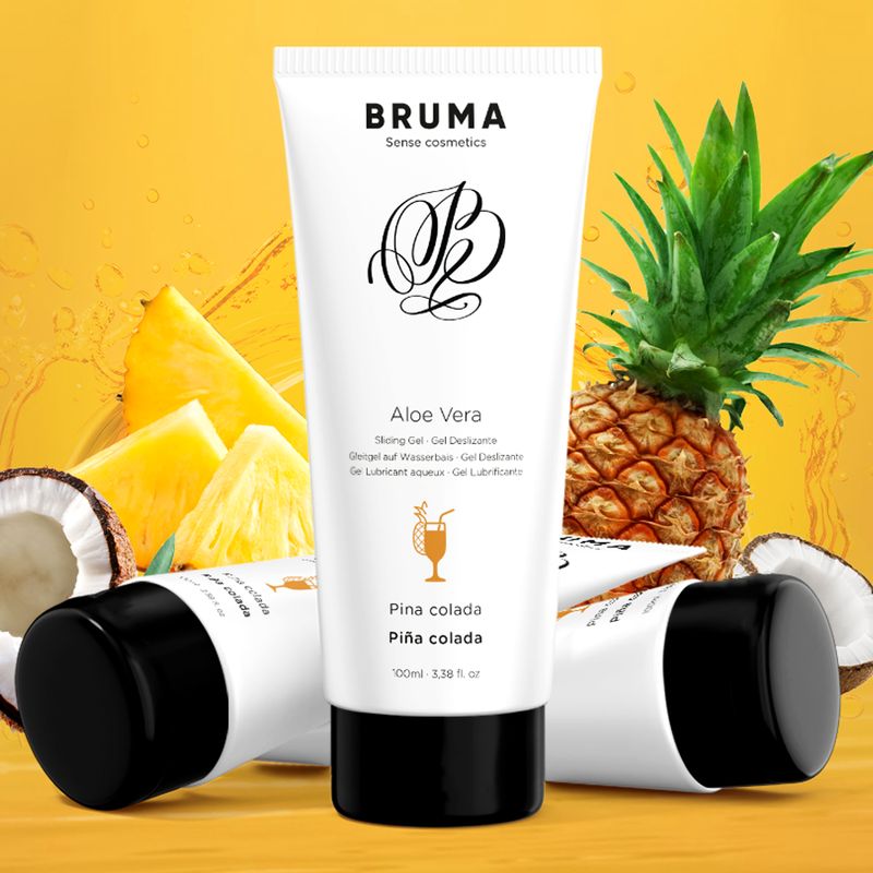Weiße Tube mit schwarzem Deckel. Aufschrift: BRUMA, Aloe Vera, Pina Colada. Dekoration: Ananas, Kokosnuss.