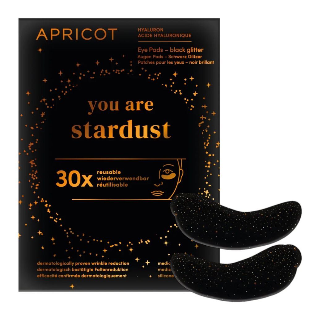 Schwarze Augenpads mit Glitzer, in Verpackung. Aufschrift: APRICOT, Hyaluron, "you are stardust", 30x, wiederverwendbar. Dermatologisch getestet.
