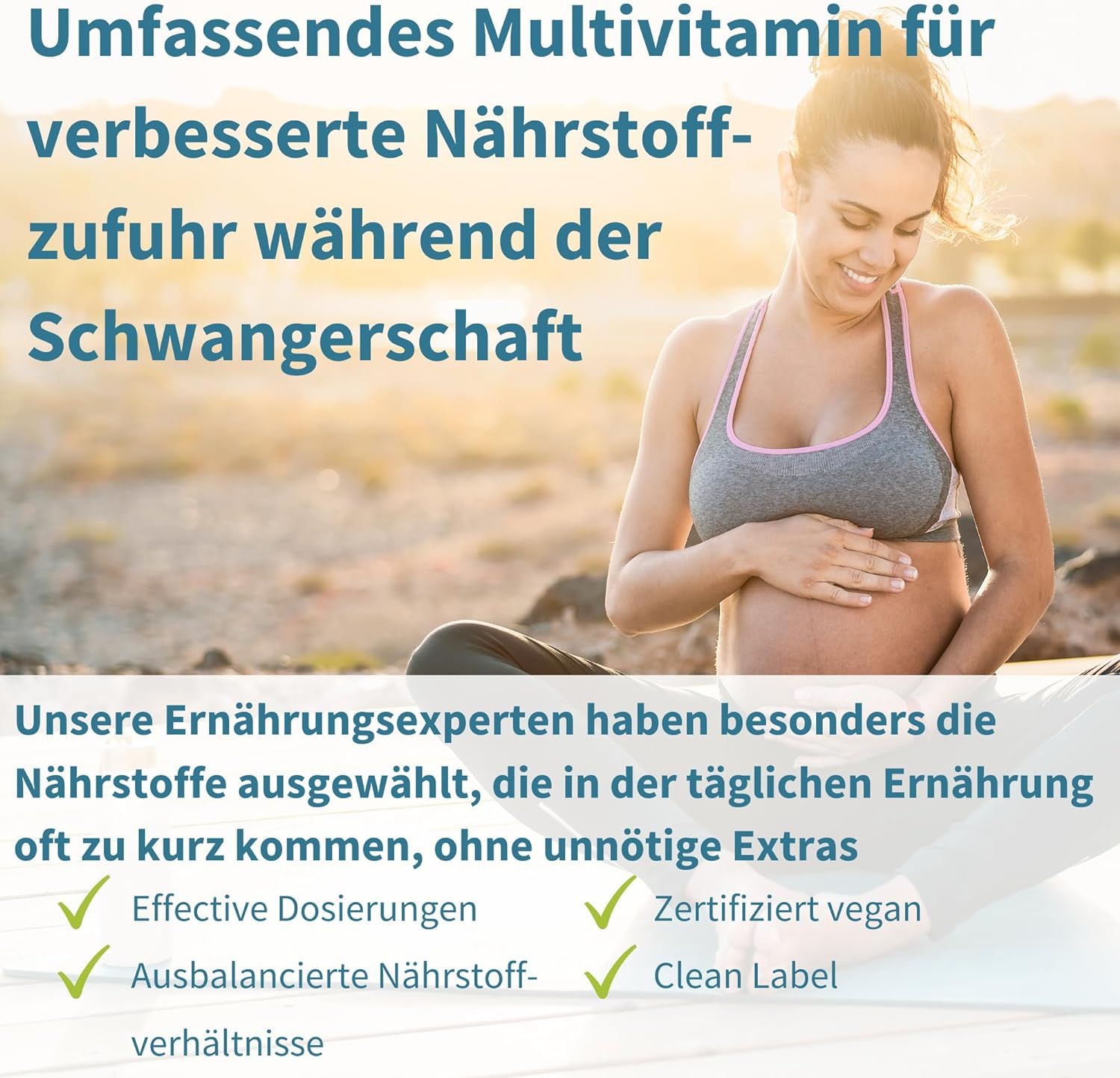 Schwangere Frau sitzt. Text: "Umfassendes Multivitamin für verbesserte Nährstoffzufuhr während der Schwangerschaft".