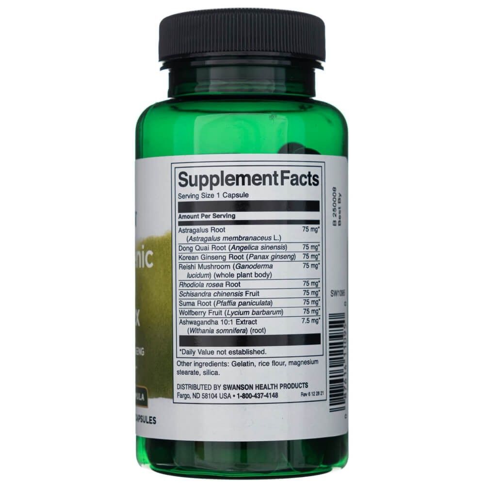 Grüne Kapsel mit Supplement Facts Etikett, das Astragalus, Ginseng, Reishi und Ashwagandha auflistet.
