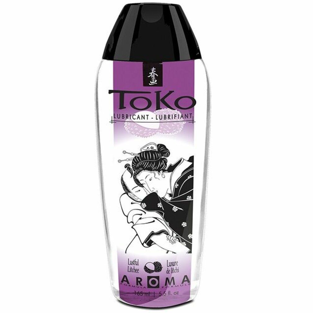 Toko Aroma Gleitmittel mit Lychee-Duft. Transparente Flasche mit schwarzem Verschluss und japanischem Motiv.