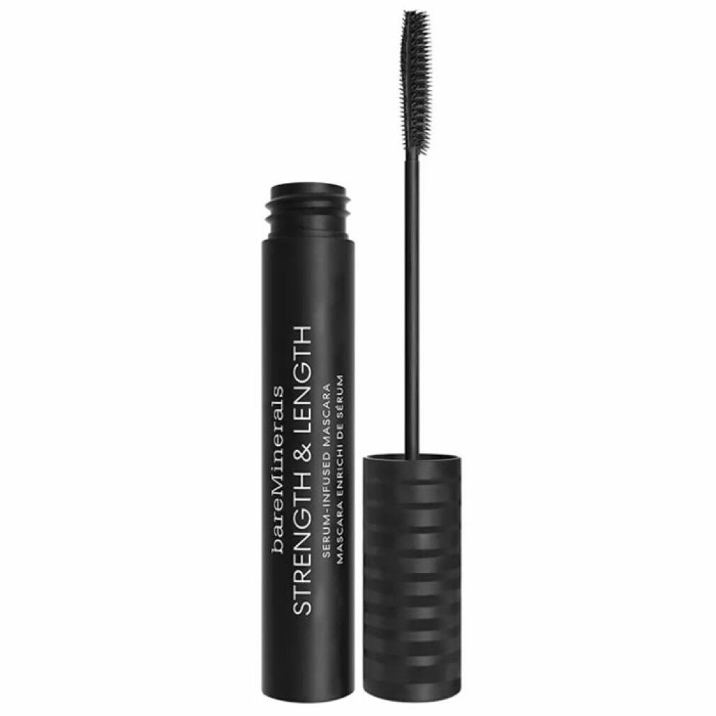 Schwarze Mascara-Tube mit geöffnetem Deckel. Aufschrift: BareMinerals, Strength & Length. Mascara-Bürste ist sichtbar.