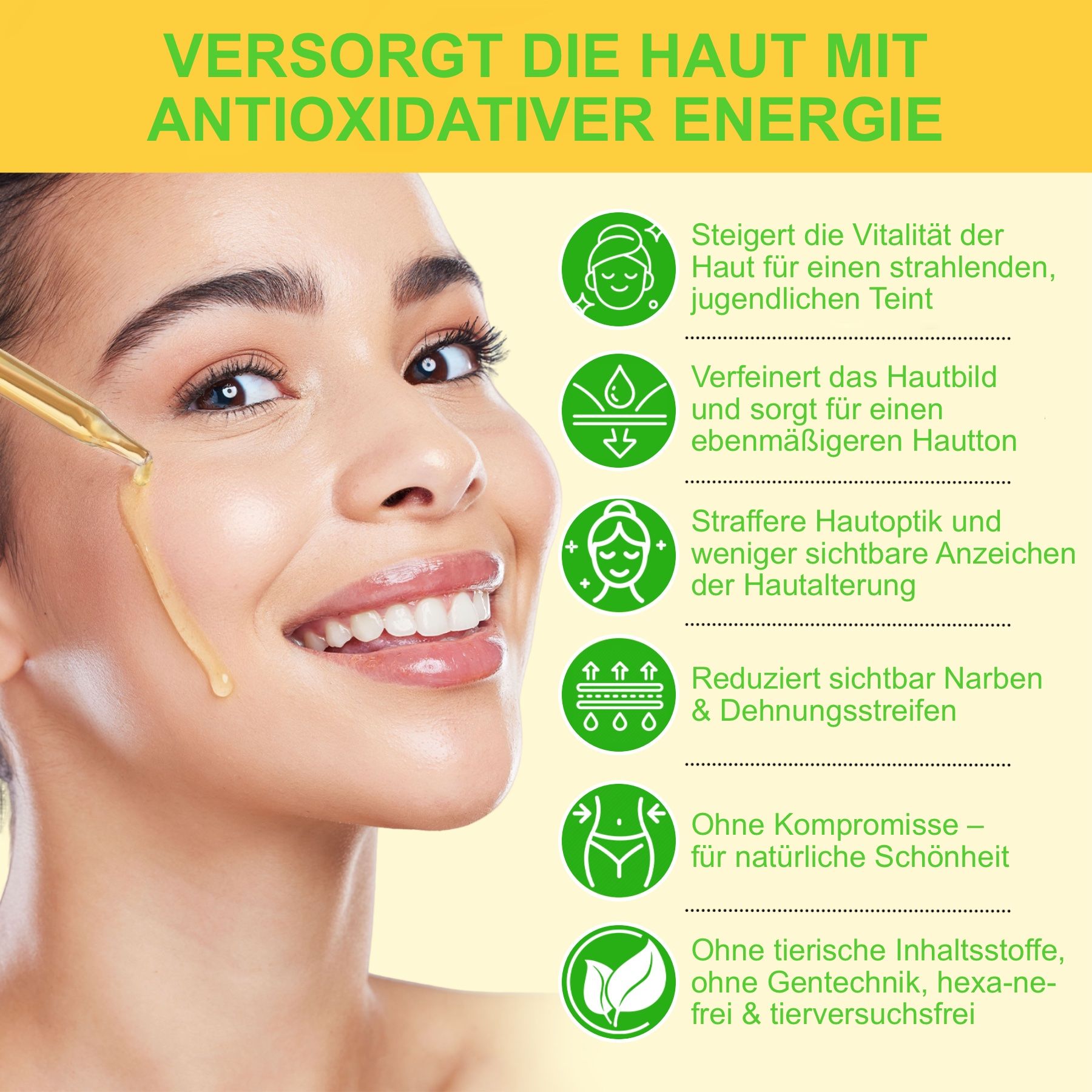 Frau mit Pipette, die Öl auf die Haut aufträgt. Text: Versorgt die Haut mit antioxidativer Energie. Vorteile für die Haut.