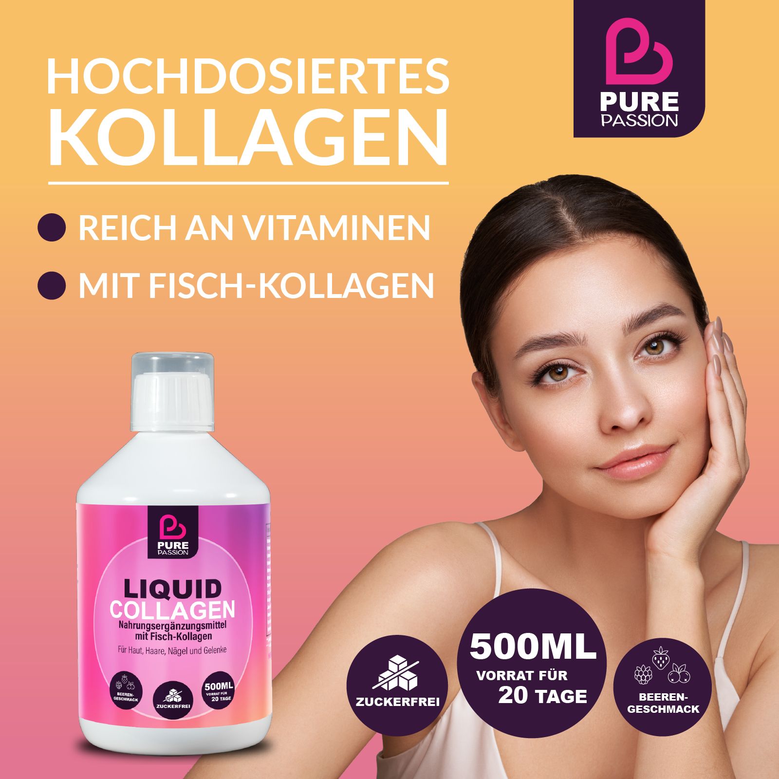 Produktflasche neben einer Frau. Text: "Hochdosiertes Kollagen", "Reich an Vitaminen", "Mit Fisch-Kollagen". 500ml.